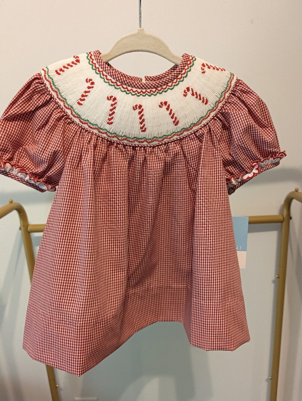 Adorable Holiday Red Gingham Smocked Girls' Dress with Candy Cane Motif